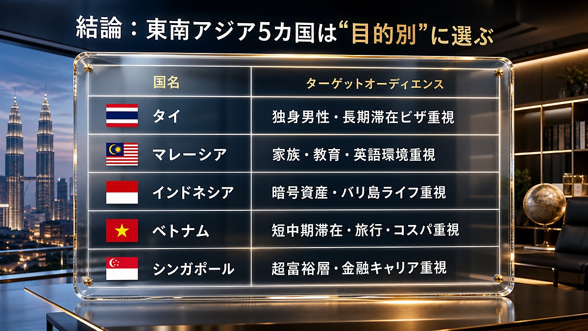 東南アジア5カ国を目的別に選ぶ比較表。タイ、マレーシア、インドネシア、ベトナム、シンガポールの向いている人を整理した図解。