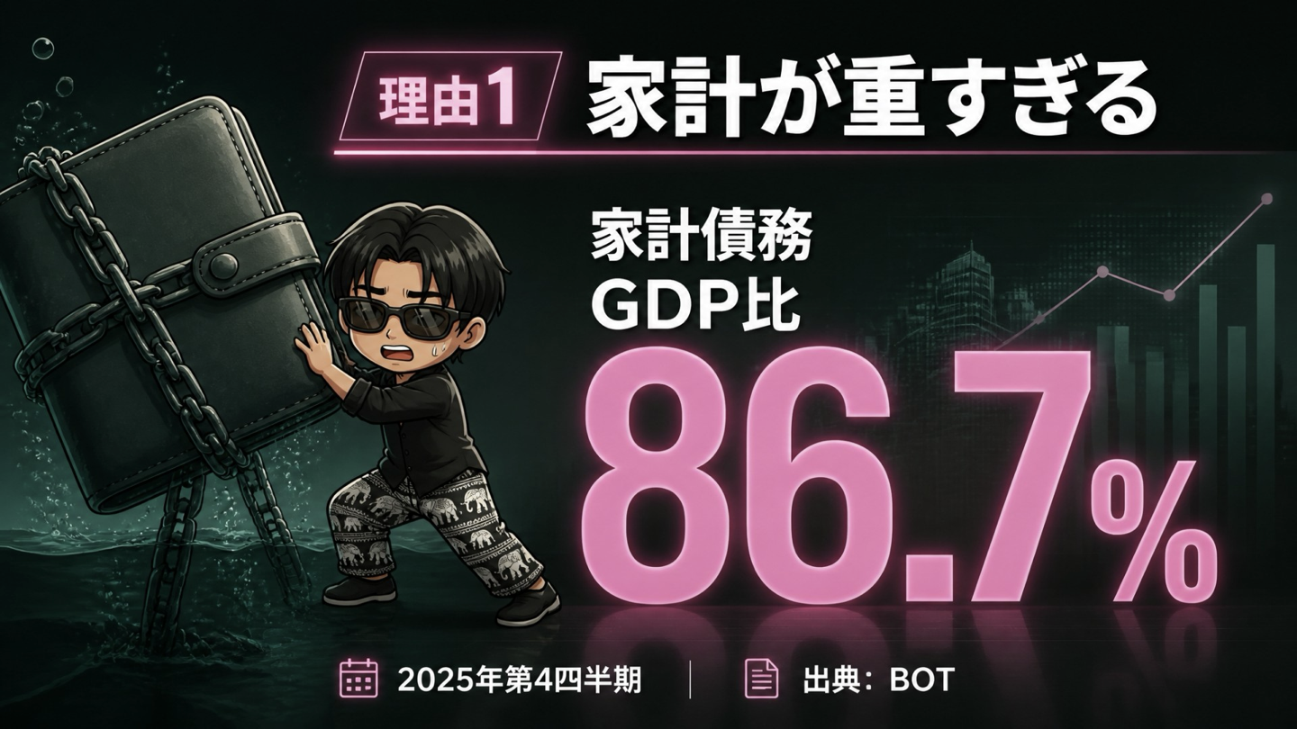 タイの家計債務GDP比86.7％を示す図
