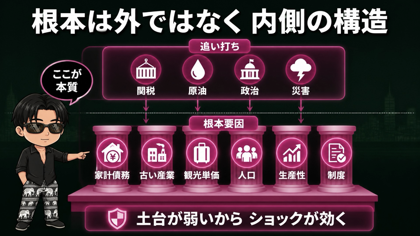 家計債務・古い産業・観光単価・人口・生産性・制度を根本要因として示す図
