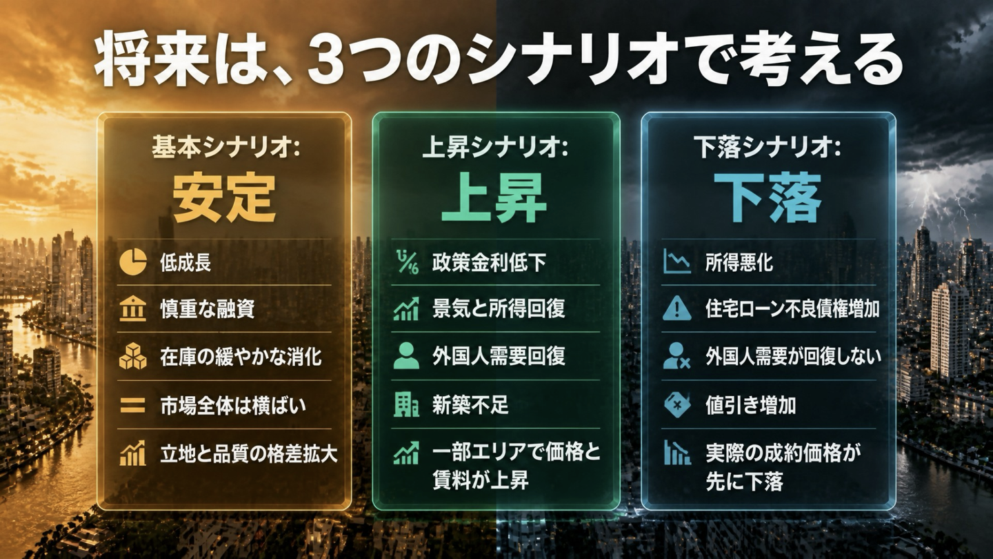 バンコク不動産の安定、上昇、下落の3シナリオ