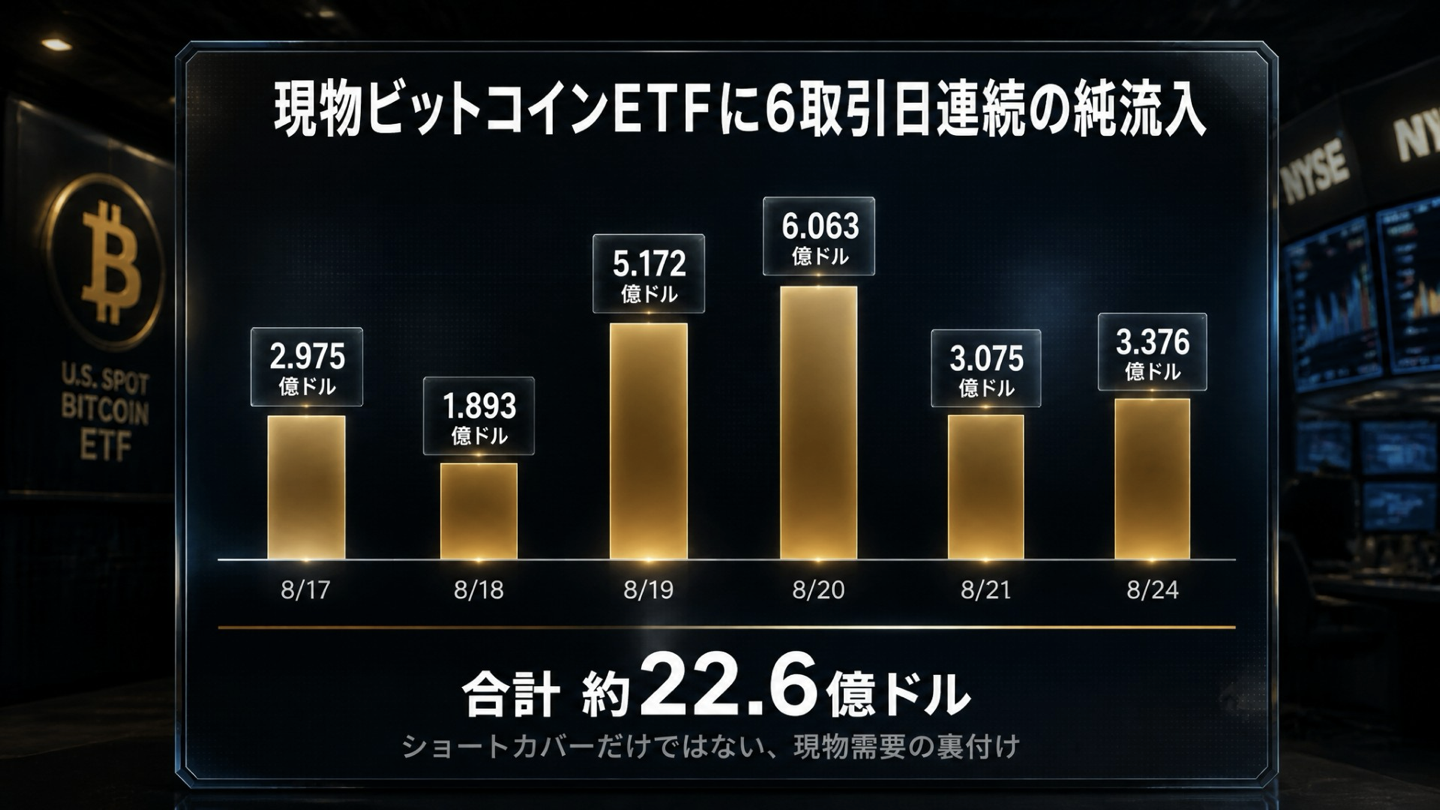現物ビットコインETFに6取引日連続で純流入