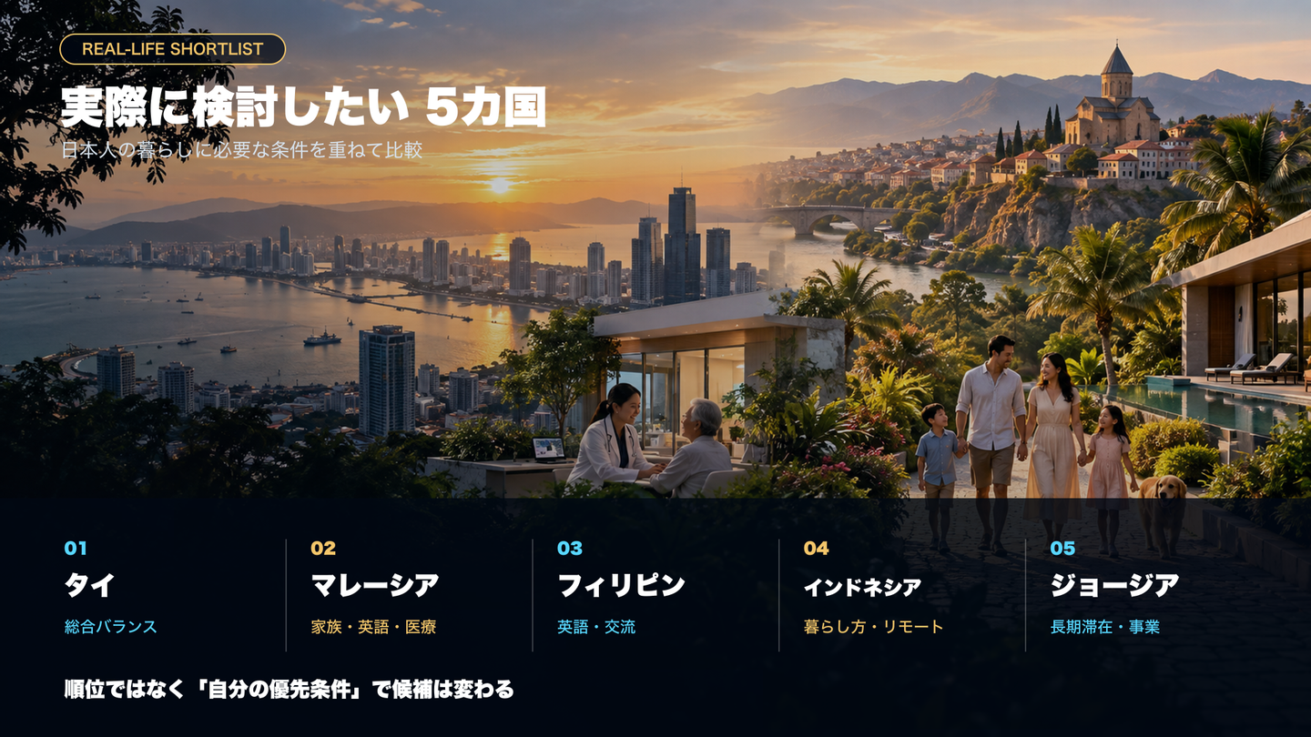 実際の移住候補として比較するタイ、マレーシア、フィリピン、インドネシア、ジョージア