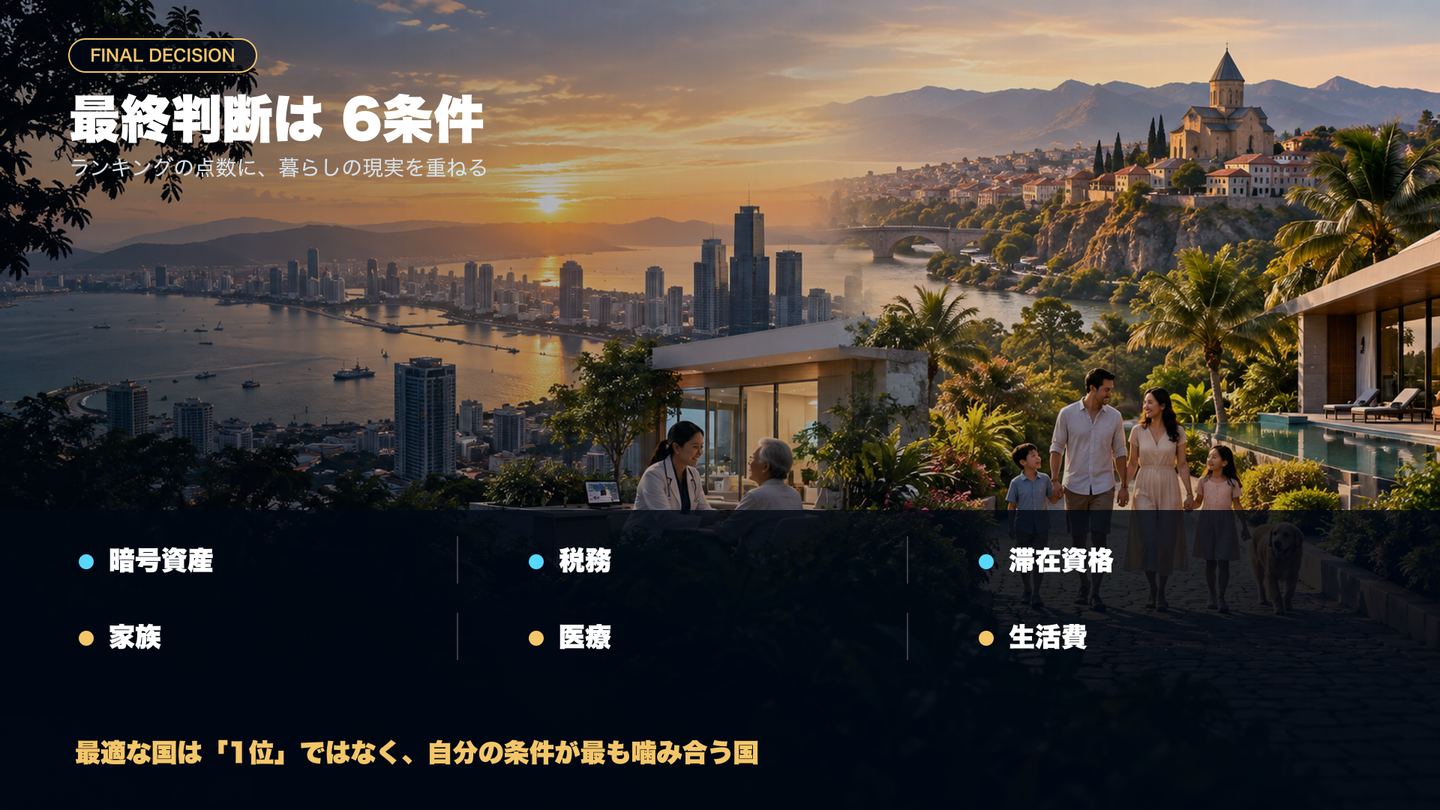 移住先を決める暗号資産、税金、ビザ、家族、医療、生活費の6条件